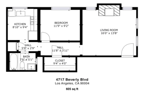 Floor plan for 1 bed, 1 bath, 658 sqft
